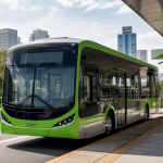 Ônibus elétrico urbano em operação diante de estação de transporte coletivo, sem textos, placas ou logotipos legíveis