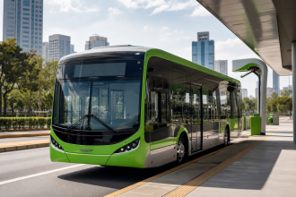 Ônibus elétrico urbano em operação diante de estação de transporte coletivo, sem textos, placas ou logotipos legíveis