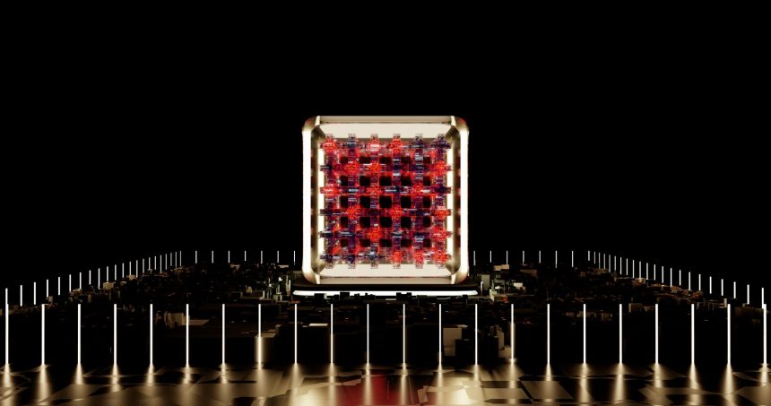 Representação abstrata de um processador digital futurista com elementos luminosos interconectados.